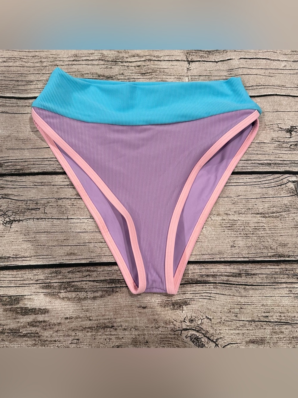 NWOT LainSnow Ribbed Kiawah Swim Bottoms Pink, Blue, Purple High Waist Size Med